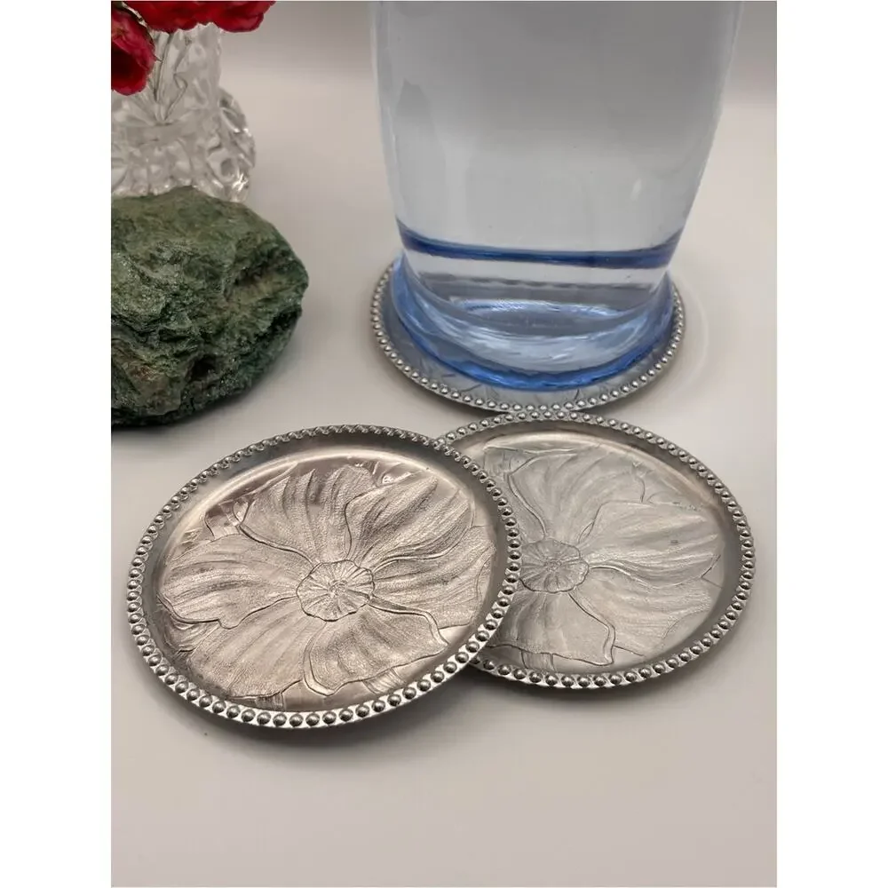 Set of 10 Vintage Floral Embossed Aluminum Metal Drink Coasters
